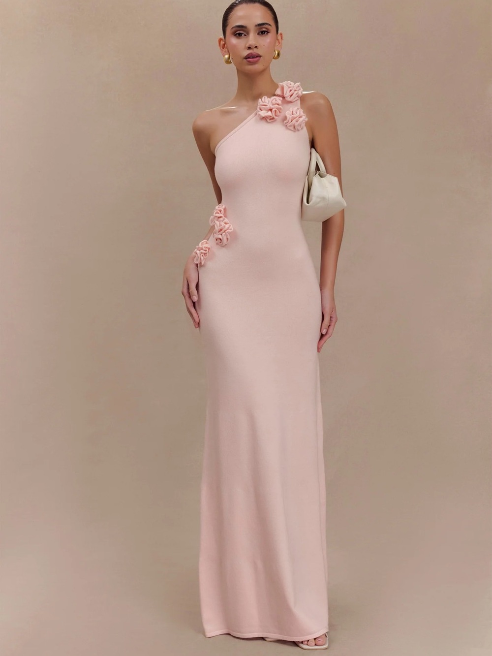Meshki One-Shoulder Blush Pink Gown with Floral Appliqué